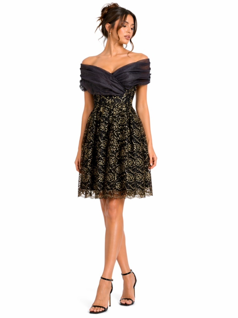 Vintage Black & Gold Lace Off-Shoulder Dress Crinoline Skirt – Size Small EUC
